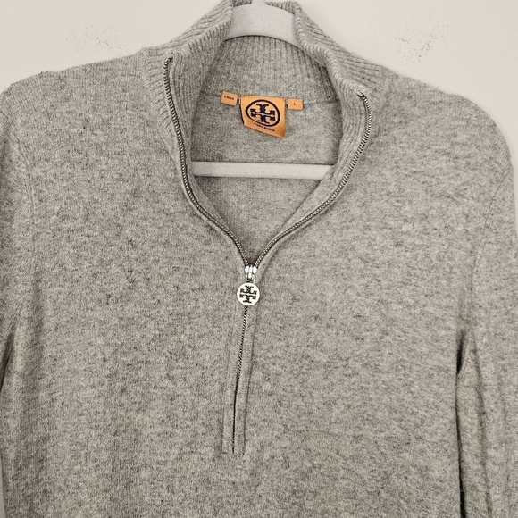 Tory Burch Gray Metino Wool Blend Long Sleeve 1/3 Zip Sweater Size L - Picture 5 of 10